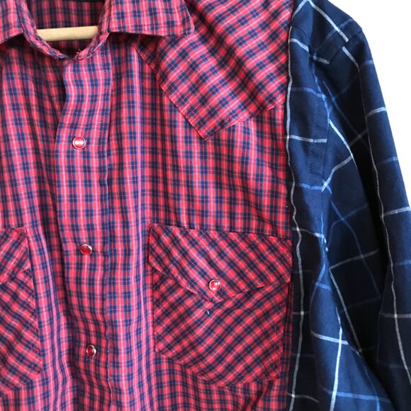 Upcycled Plaid Western Shirt, M to L: Oversized Mixed Print Top, Snaps Fringe - Picture 5 of 10
